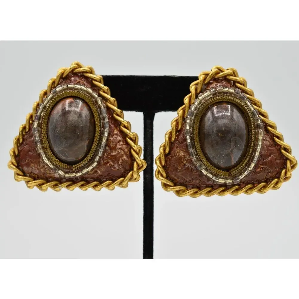 Vintage Clip On Earrings Faux Leather Wooden Bead Gold Chain Chunky 1980s 9L
